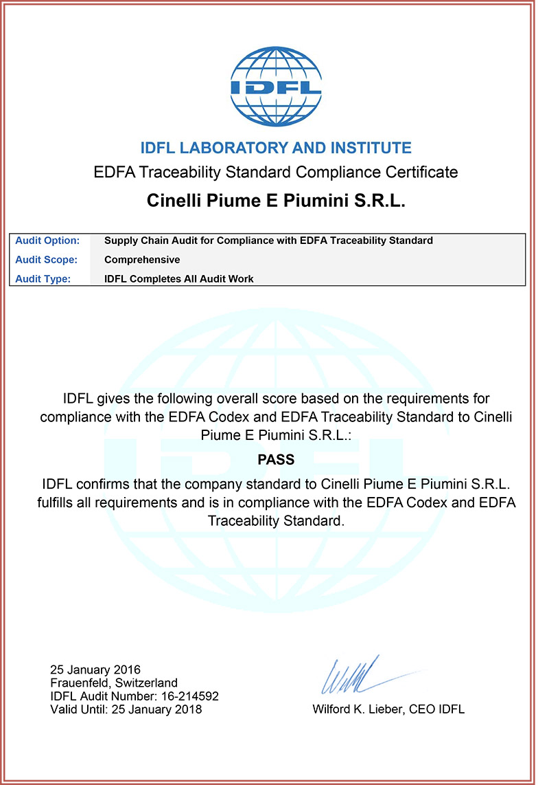 Cinelli Piumini Certification
