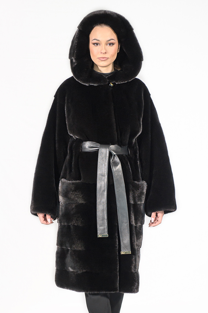 IT-554/2/K - Blackglama mink fur semi-coat with hood