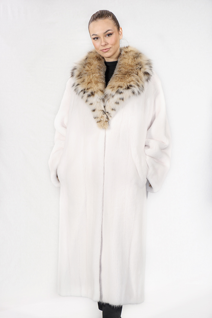 IR-18060/2/A - White mink fur coat with Lynx collar
