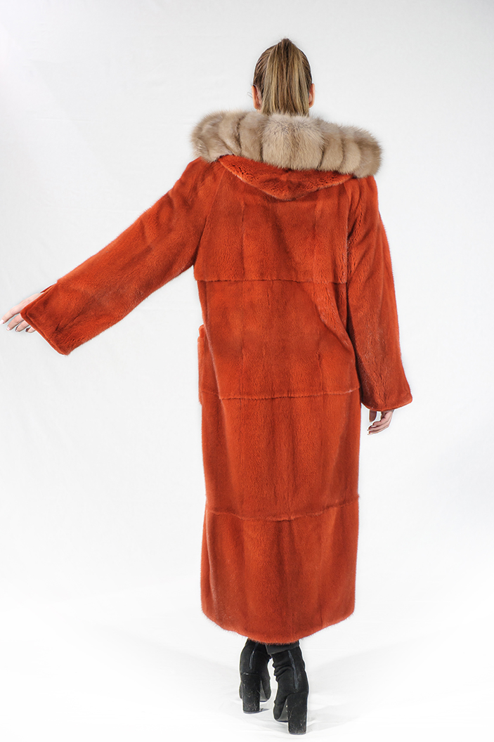 IT-123/K - Orange mink fur coat with Bob Marten hood