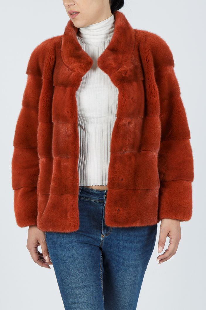 G-075/S - Orange mink fur jacket with short collar