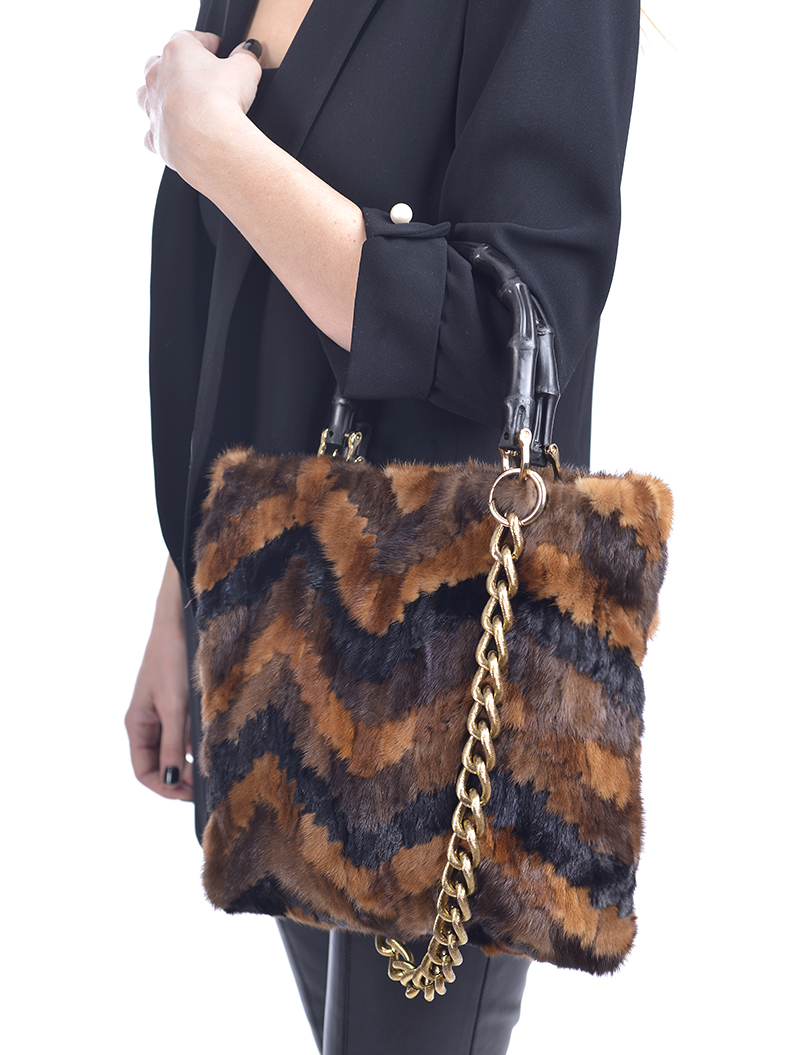 Tote Multi-Brown Mink-Pieces Hand Bag - 100% Genuine Fur