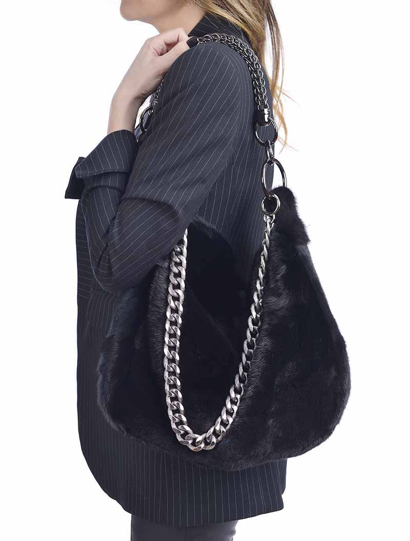 Τσάντα Ώμου Μαύρο Βιζόν - 100% Αυθεντική Γούνα