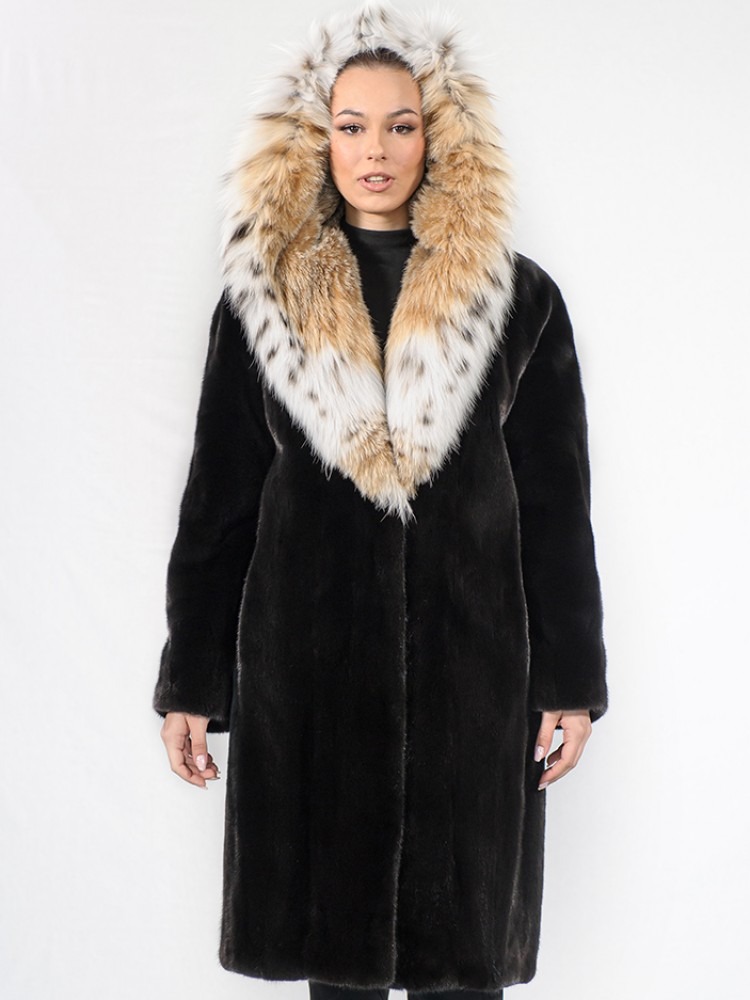 ESTELLA-63/K - Blackglama mink fur semi-coat with Lynx hood