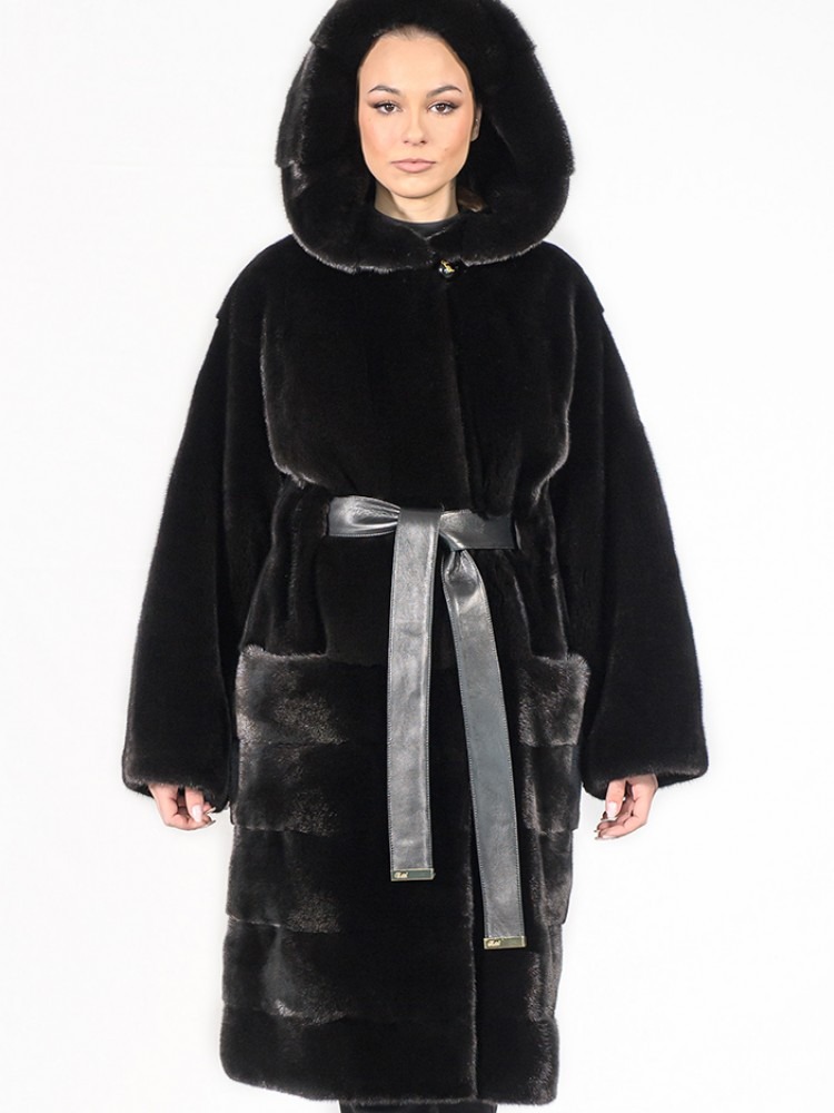 IT-554/2/K - Blackglama mink fur semi-coat with hood