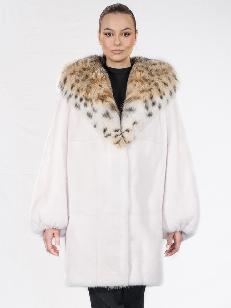 IT-26690/K - White mink fur jacket with Lynx hood