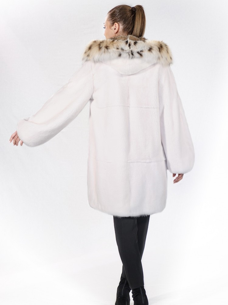 IT-26690/K - White mink fur jacket with Lynx hood