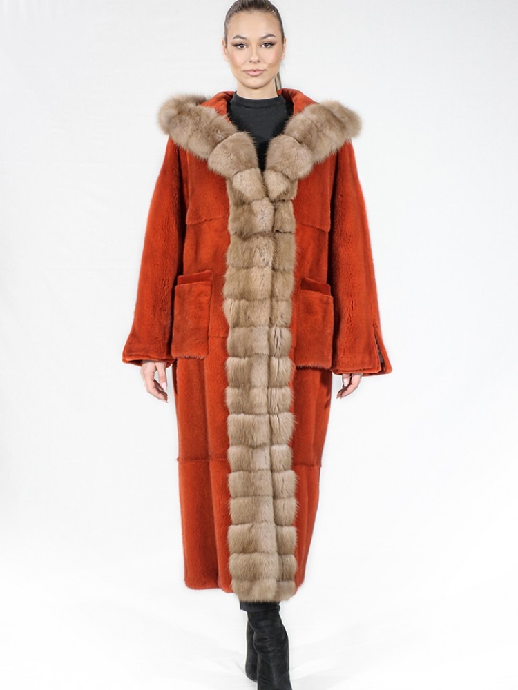 IT-123/K - Orange mink fur coat with Bob Marten hood