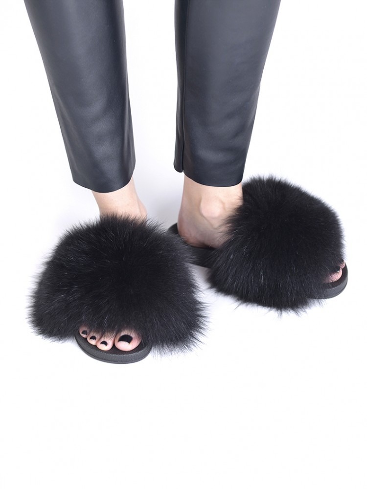 Fur Slides Black Fox - 100% Genuine Fur