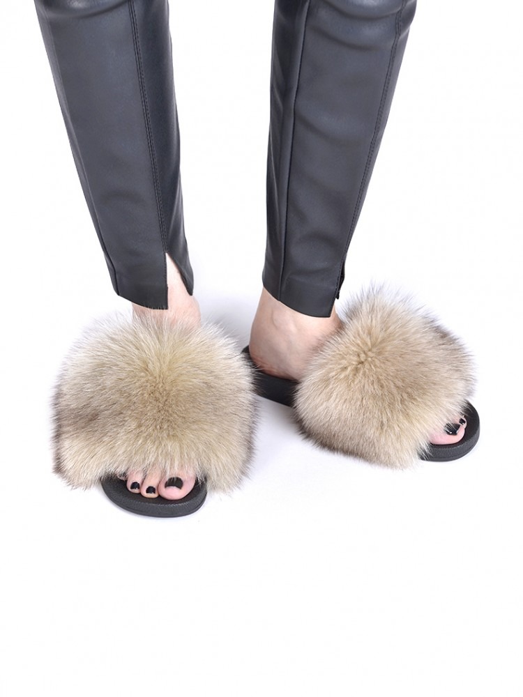 Fur Slides Beige Fox - 100% Genuine Fur