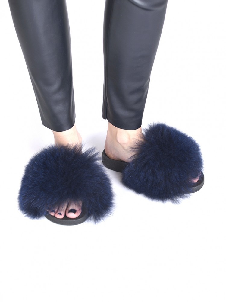 Fur Slides Dark Blue Fox - 100% Genuine Fur