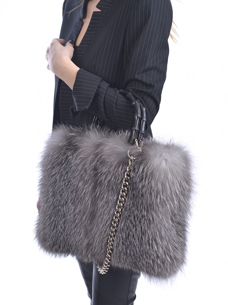 TOTE Grey Fox Hand Bag - 100% Genuine Fur