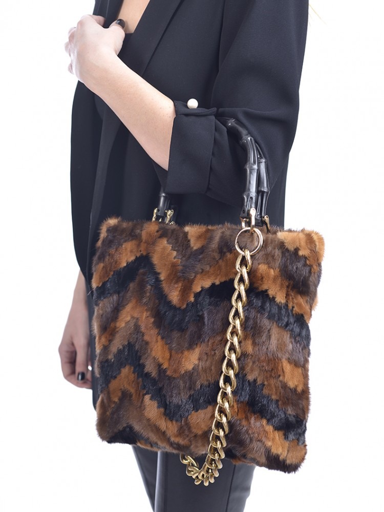 Tote Multi-Brown Mink-Pieces Hand Bag - 100% Genuine Fur