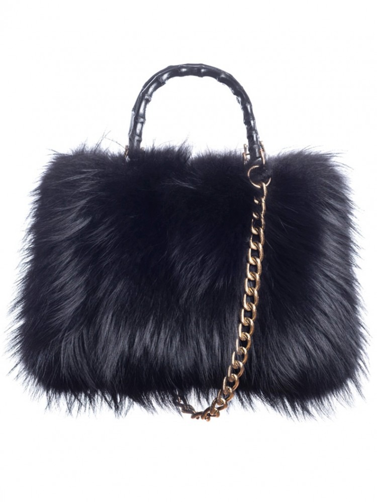 TOTE Black Fox Hand Bag - 100% Genuine Fur